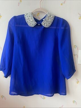 Pearl-Collar Sheer Blouse in Royal Blue